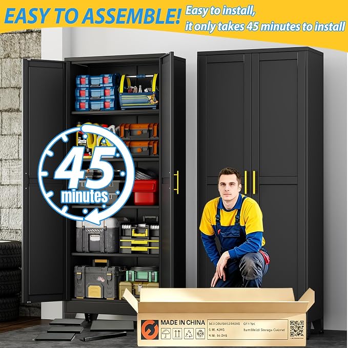 PAOFIN 71" Metal Storage Cabinet with 2 Doors and 4 Adjustable Shelves,Black Metal Garage Storage Cabinets, File Cabinet,Steel Tool Cabinets for Home,Office,Garage,School,Warehouse
