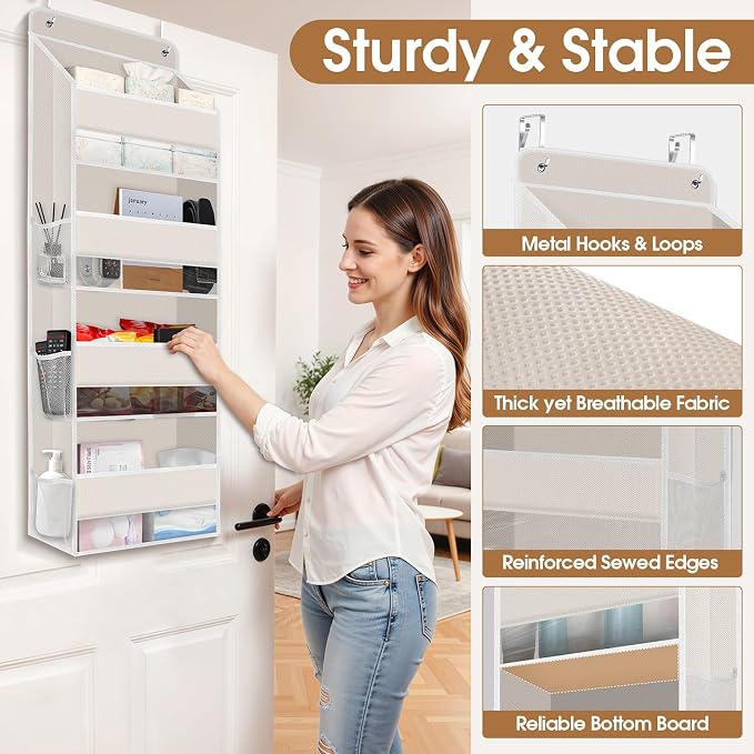 Over The Door Organizer Storage behind Door Hanging Organizer for Nursery | 4 Tier, 6 Side Pockets, Clear Window, Sturdy Construction, Space-Saving Storage for Closet, Bedroom, Bathroom & Nursery