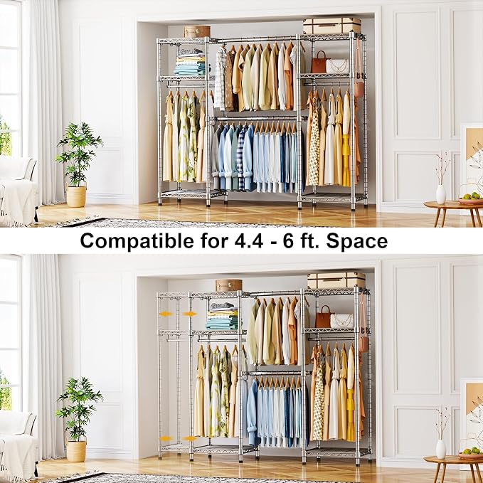 Ulif E7 Heavy Duty Closet Garment Rack, Clothes Storage Organizer System | Metal Freestanding Clothing Racks with 2 Extendable Rods and 6 Shelves, Portable Wardrobe Closets for Holding 838lbs, Chrome