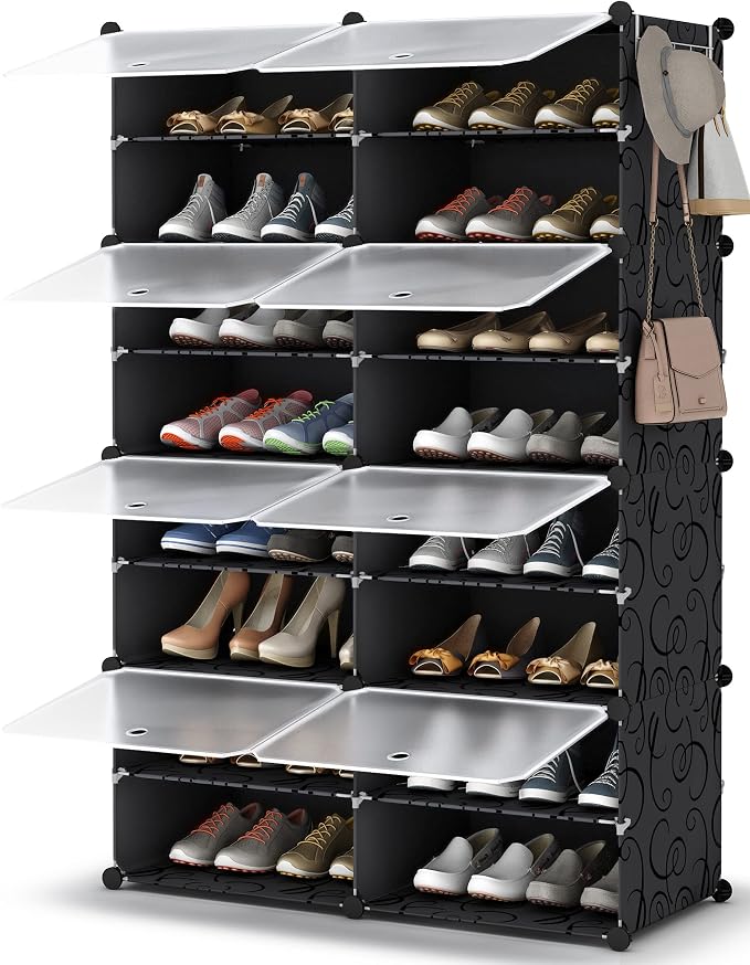 HOMIDEC Shoe Rack Organizer 32 Pair Modular Shoe Storage Cabinet for Closet | PP Plastic, Sturdy Steel Frame, Waterproof, Dustproof, Easy Clean, Shoe Shelves for Closet Garage Hallway Bedroom Entryway