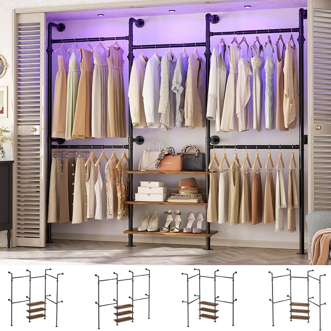 Aheaplus Expandable Industrial Pipe Clothing Rack, 7.3-10.9Ft Wall Mounted Closet System, Reversible L Shaped Clothes Rack for Hanging Clothes, Heavy Duty Walk-in Corner Wardrobe Closet, Rustic Brown
