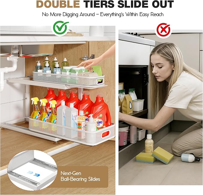 1-Pack Under Sink Storage Organizer with 2-Tier Slide Out Drawer, Sophisticated Mesh Pull Out Shelf for Kitchen & Bathroom, Fits Small Items, Upgraded Arched Track for Smooth Gliding-White