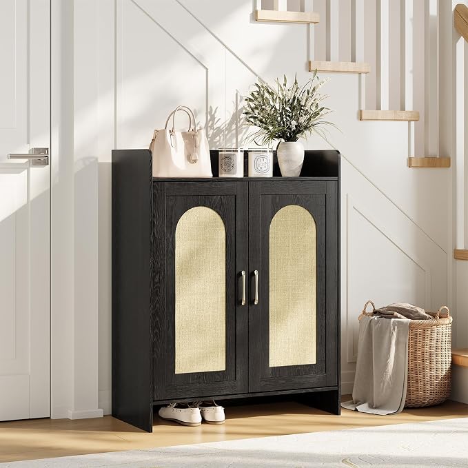 Garvee Shoe Cabinet Storage for Entryway, Rattan Storage Cabinet, Wooden Shoe Rack with 2 Doors, Farmhouse Boho Wood Shoe Organizer Cabinet for Entrance Hallway Living Room Foyer