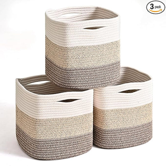 ICERZCZ 11 Inch Cube Storage Bins, Storage Cube Organizer Bins, Woven Cotton Rope Baskets for Storage, Storage Basket for Organizing Shelves, Square Baskets for Toys, Gradient Brown (Pack of 3)