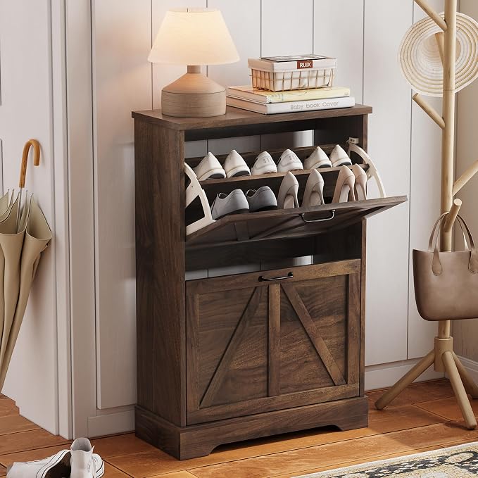 Semiocthome Farmhouse Shoe Storage Cabinet with 2 Flip Drawers, 23.6"(W) Freestanding Shoe Organizer with Barn Door and Metal Handles for Entryway, Corner Rustic Narrow Shoe Rack Cabinet - Walnut