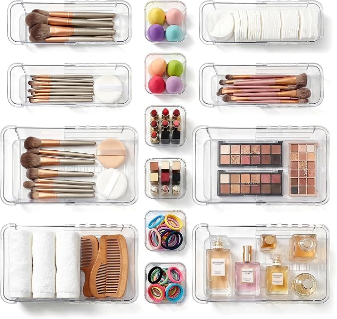 14 Pcs Clear Drawer Organizer - 3 Sizes, Adjustable Drawer Storage Box, Desk Drawer Organizer, Acrylic Storage Bins for Makeup, Cosmetic, Kitchen Utensils, Bedroom Dressers Tool Organizer for Gadgets