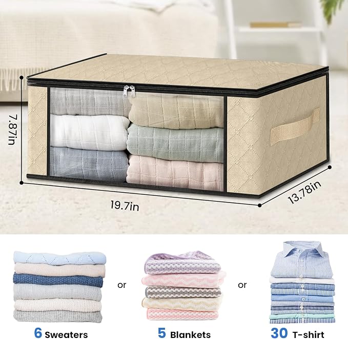 HomeHacks 6-Pack Clothes Organizer Storage Bags, 35L Storage Bins, Beige | Foldable Storage Box Container with Zippers, Clear Window, Reinforced Handles for Closet, Dorm, Pillows, Bedding, Sweater
