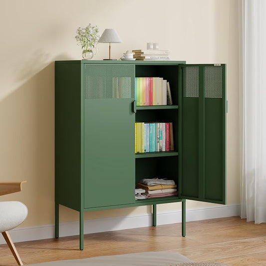 3-Tier Metal Storage Cabinet with 2 Adjustable Shelves & Mesh Doors | Metal Locker Accent Cabinet with Legs, Green Storage Cabinets, Metal TV Stand Cabinet for Home Office, Entryway & Hallway