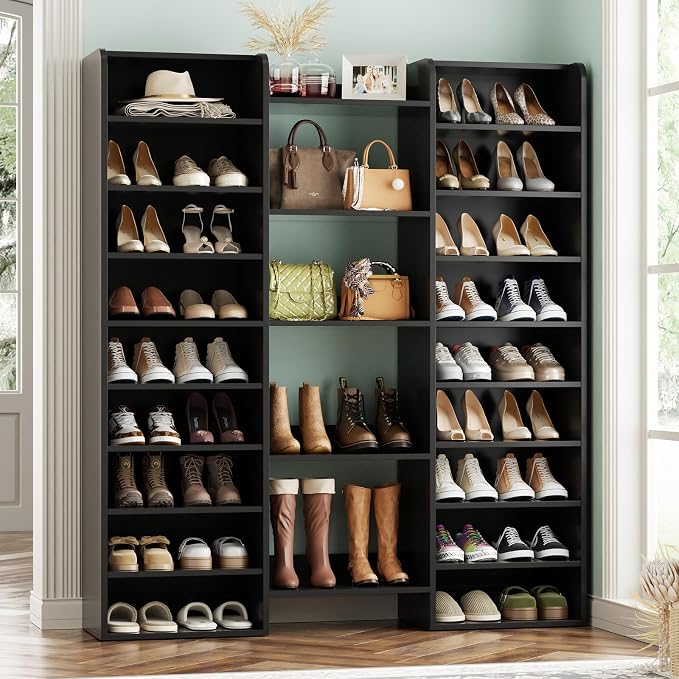 Unikito 14-Tier Shoe Cabinet, Wood Storage Organizer for Entryway, Black | 22 Open Cubbies, Freestanding Footwear Rack Shelf for Front Door Entrance, Living Room, Hallway, Bedroom, Home Wooden