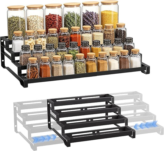 Expandable Spice Rack Organizer for Cabinet 4 Tier Spicy Shelf Black 1Pack | Adjustable Length 13"-21", Easy to See Labels, Sturdy Metal, Slip-Resistant Guardrails for Jars, Cabinet & Countertop Storage