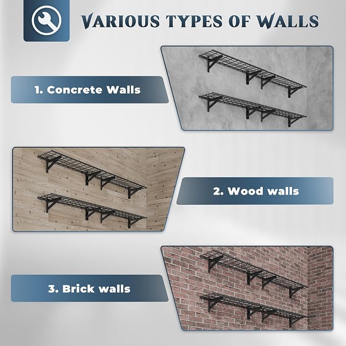 Jusgym 4 Pack Wall Mounted Garage Shelving, 1x4ft, 1400lbs Integrated Grid | Wall Mounted Floating Design, 12"x96" Storage Rack, No Splice Seamless Structure, Rustproof Black Coating for Garage Workshop