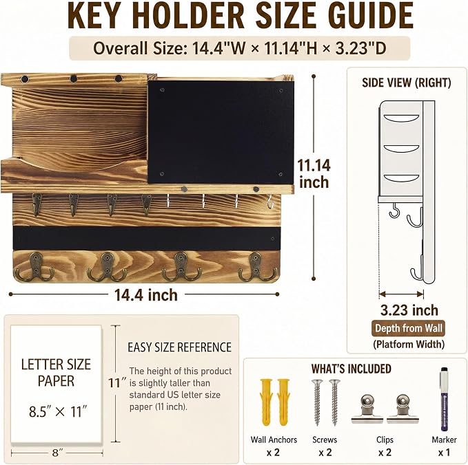 Key Holder for Wall Mount with Shelf and Mail Organizer, Key and Mail Holder with 16 Hooks, Farmhouse Entryway Organizer, Home Decor Rack(Pine Wood, Wood Color)
