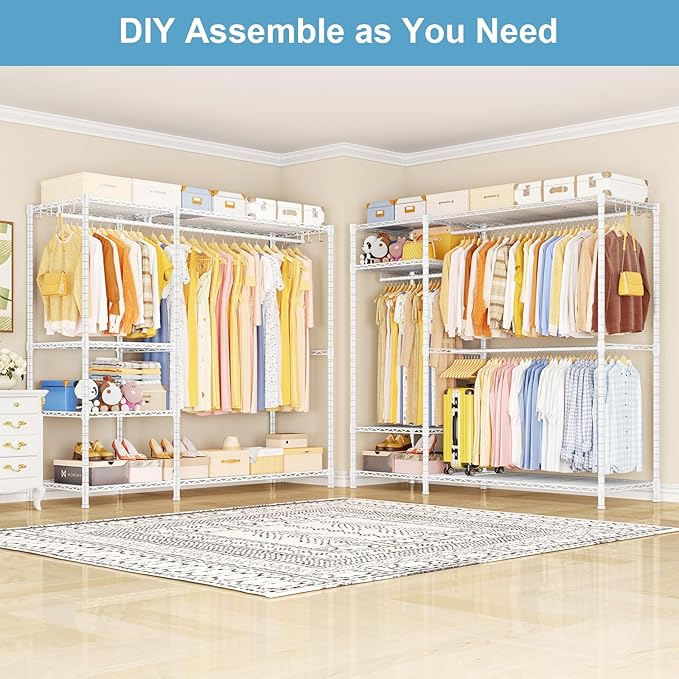 Ulif F7 Plus Clothes Rack, Clothing Racks for Hanging Clothes, White | Heavy Duty Garment Rack, 6-Tiers Freestanding Portable Closet Storage Racks 68'' W × 14.6'' D × 76.6'' H, Max Load 850 Lbs