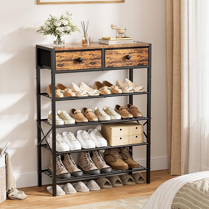 5 Tier Shoe Rack with 2 Drawers, 16-20 Pairs Rustic Brown | Holds 16-20 pairs. 2 drawers for socks/keys. Removable layer for boots. Anti-tip kit included. Quick assembly.