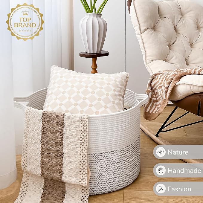 INDRESSME XXXLarge Woven Rope Blanket Basket Living Room White, 90L | 21.7" x 13.8" Storage baskets for toys laundry & pillows. Fits living room, bedroom or nursery décor. Soft-touch with handles