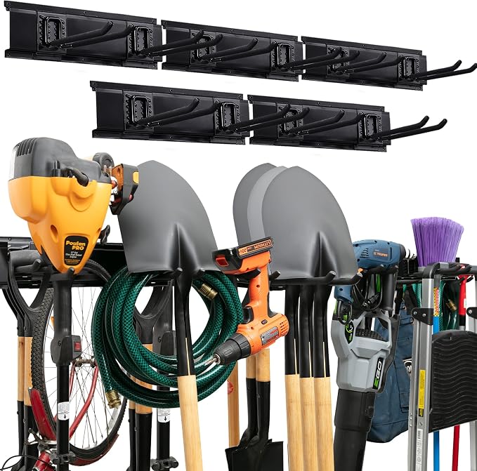 TIDYME Garage Tool Organizer Wall Mount, 80", 5 Racks 10 Hooks, 500 lbs | 500 lbs, anti-rust carbon steel, garden tool organizer & storage rack for garage organization, shovels, rakes & tools