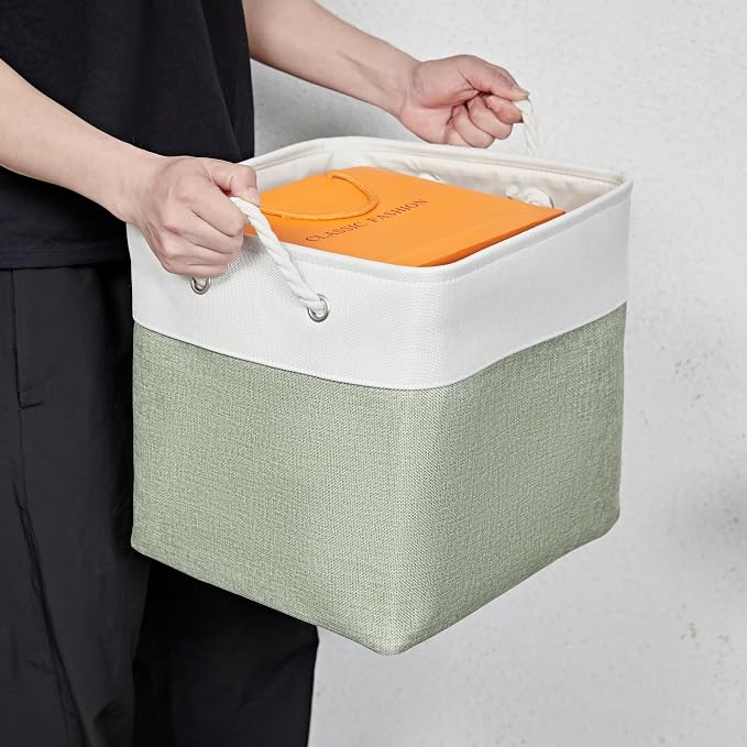 13 Inch 6 Pack Foldable Fabric Storage Basket with Handles | Home Cube Storage Basket,Large Cube Storage Bins,Closet Storage, Home Organizer(White&Green)