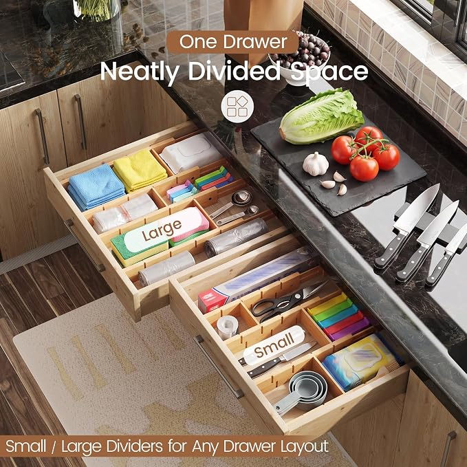 Bamboo Drawer Dividers 6 Pack with Inserts, Kitchen Adjustable Drawer Organizers for Home, Bedroom, Dresser, Expandable Organization 6 Dividers with 12 Inserts