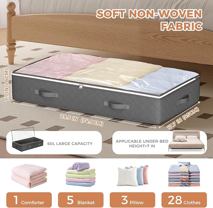 Budding Joy Under Bed Storage Containers, Storage Bins with Clear Lids | 4 Pack foldable organizers for clothes, blankets, shoes, bed sheets, comforter, wrapping paper, dorm storage