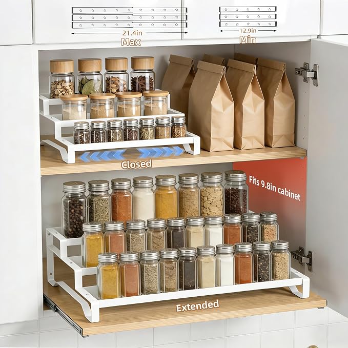 Expandable Spice Rack Organizer for Cabinet 3 Tier Spicy Shelf White 1Pack | Adjustable Length 13"-21", Easy to See Labels, Sturdy Metal, Slip-Resistant Guardrails for Jars, Cabinet & Countertop Storage