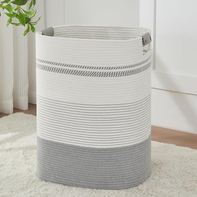 AINUOQI Laundry Basket with Handles - Blanket Basket & Hampers for Bedroom Aesthetic, Laundry Hamper & Blanket Storage for Living Room, Clothes Hamper, Tall, Large 17" x 14" x 22”, Grey