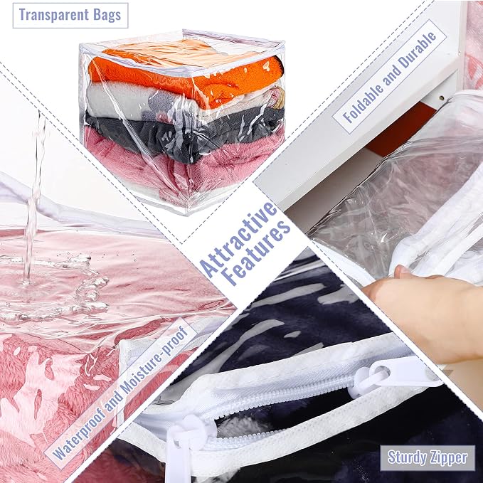 6 Packs Clear Zippered Storage Bags 12 x 12 x 12 Inch Sweater Moth Bags Vinyl Plastic Storage for Blankets Clothes Bed Sheet Organizer with Zipper for Closet Linen Sweater Clothes Comforters Pillow