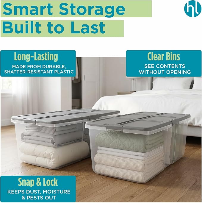 Home Logic 100 Qt Latched Storage Bin with Lid, Stackable Plastic Storage Container, Organizer for Home, Garage & Closet, 4 Pack, Gray