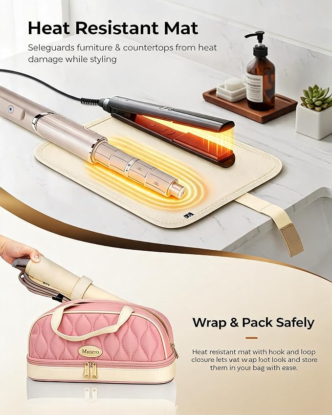 Mancro Carrying Case for Shark FlexStyle, Quilted Hair Tools Travel Bag | with Heat-Resistant Mat, Travel Case for Dyson Airwrap & Shark FlexFusion, Hair Dryer Organizer for Women, Pink