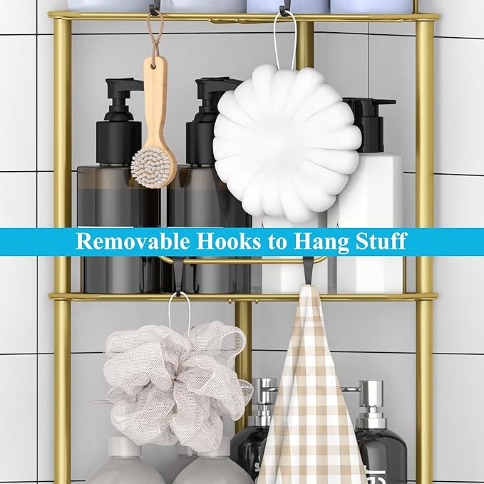 HuggieGems 3 Tier Floor Standing Corner Shower Caddy Organizer Shelf with Hooks, Bathroom Shelves Stand Rack, Gold