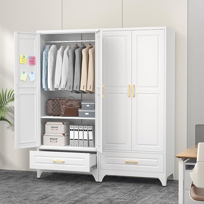 Polup 71" White Metal Wardrobe Closet with Doors and 1 Drawer | Tall Steel Armoire, Hanging Rod, Adjustable Shelves, Sturdy Freestanding Clothes Organizer for Bedroom, Laundry & Office