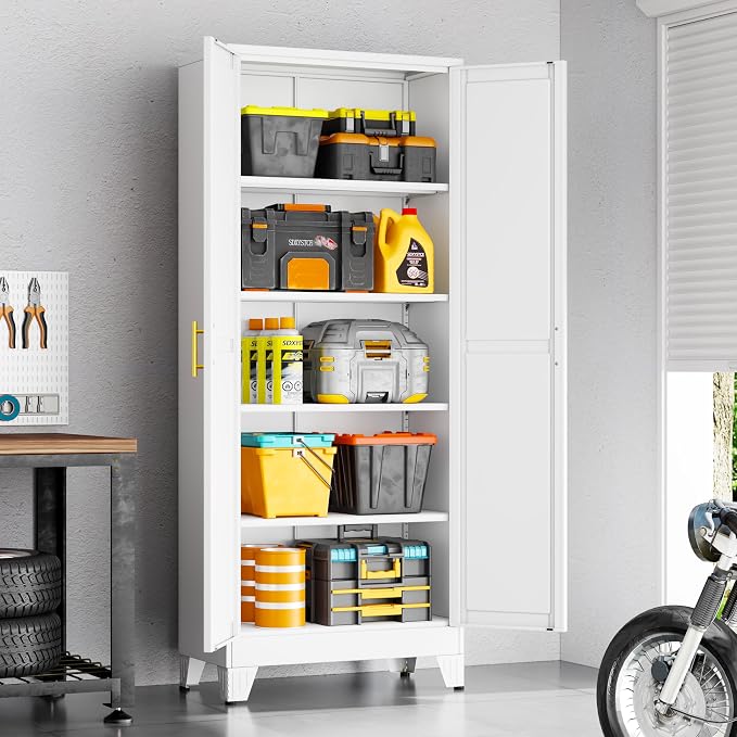 71" White Metal Storage Cabinet with 2 Doors and 4 Adjustable Shelves,Steel Garage Tool Cabinet, File Cabinet,Kitchen Pantry Cabinet for Home,Office,Garage,School,Warehouse