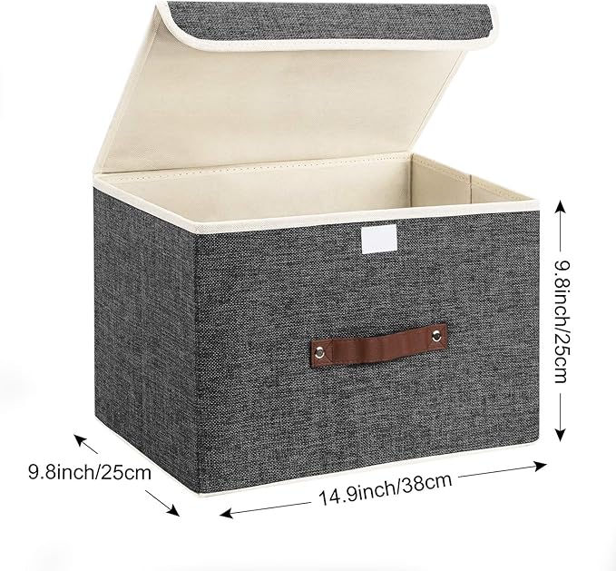 TYEERS Collapsible Storage Boxes, Washable Fabric Storage Bins with Lids, 14.9x9.8x9.8 inches, 3 Pack, Black