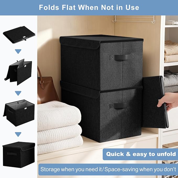 Bagnizer Large 22 Quart Linen Fabric Foldable Storage Bin Cube Organizer Basket with Flip-Top Lid & Handles, Clothes Blanket Box for Home, Office, Closet, Black, 4 Pack 14.6 x 9.5 x 9.5”