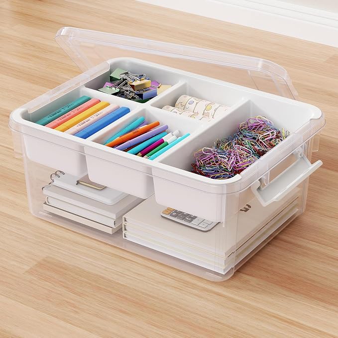 20Qt Stackable Storage Bin with Lid Tray Craft Box Organizer, 1Pack,WH | Clear Plastic Latching Boxes Organizers with Dividers Portable Containers for Arts & Crafts, Home Office Classroom Car Trunk