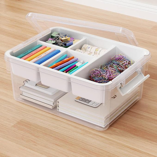 20Qt Stackable Storage Bin with Lid Tray Craft Box Organizer, 1Pack,WH | Clear Plastic Latching Boxes Organizers with Dividers Portable Containers for Arts & Crafts, Home Office Classroom Car Trunk