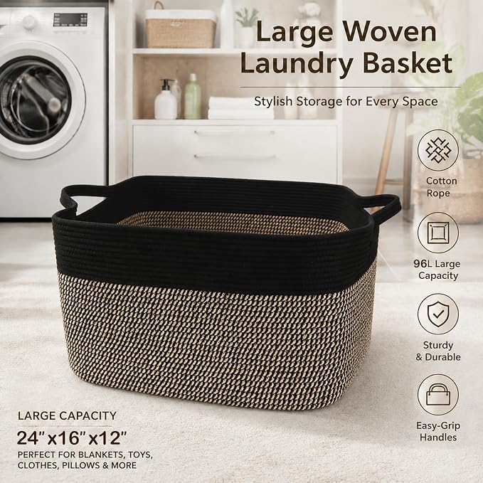 96L XXXLarge Woven Laundry Basket with Sturdy Handles - Black/Jute | Machine washable,Space-Saving Collapsible Design,Cotton rope, blanket basket living room,for toys clothes nursery bathroom