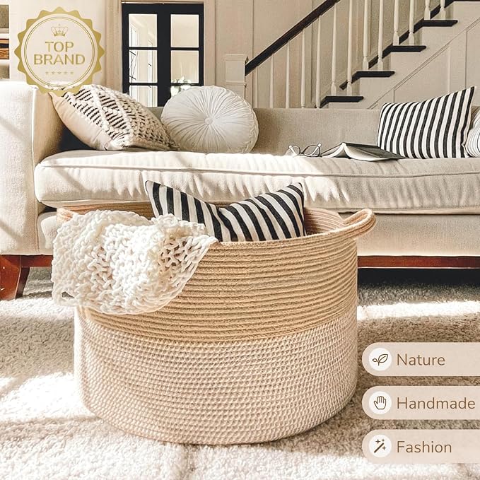 INDRESSME XXXLarge Woven Wicker Blanket Basket Living Room White Jute, 90L | Wicker baskets for organizing shoe, dog toys & pillows. For living room bedroom or nursery decor. soft-touch with handles