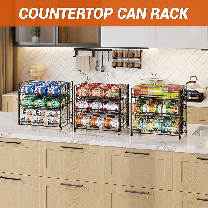 JKsmart 3-Tier Stackable Can Organizer, Storage Can Rack for Kitchen Pantry Cabinet, Holds Up to 72 Cans, Multifunctional Can Dispenser for Snacks Soda