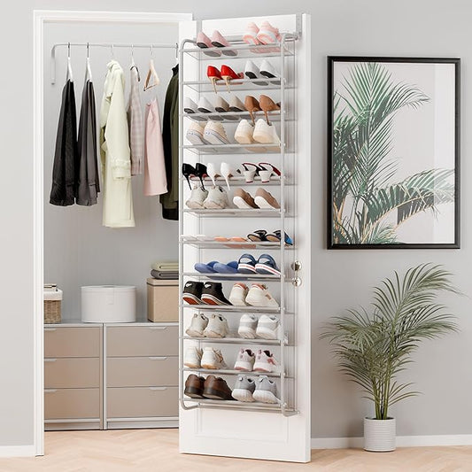 Whitmor 36 Pair Over The Door Shoe Organizer, 12 Tier Hanging Shoe Organizer, Heavy Duty Metal & Mesh Shoe Holder, Hanging Shoe Rack for Closet Organizer & Storage, 74"H x 21.7"W x 7.5"D, Grey