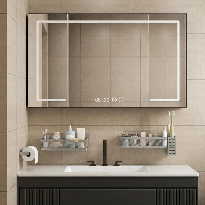 PUSDON 5-in-1 Wide Wall Mount Wrapped Mesh Kitchen Organizer & Shower Caddy Kit, with Paper Towel Holder, Utensil Holder, Soap Dish, Heavy Duty 50LBS - Silver Gray, Netting