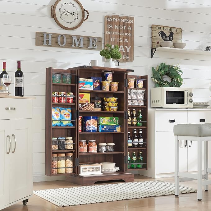 47" Tall Wooden Pantry Storage Cabinet with Door Shelves | Farmhouse, Barn Doors, Adjustable Shelves, Freestanding, Anti-tip Kit, for Kitchen, Dining Room, Living Room