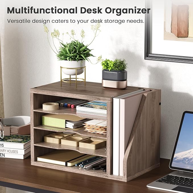Wooden Mail Organizer, Desk Organizer with 3 Adjustable Shelves | Mail Sorter, File Organizer Desktop, Mail Holder for Home Office, Letter Sorter for Envelopes, Bills, Magazines, Greige