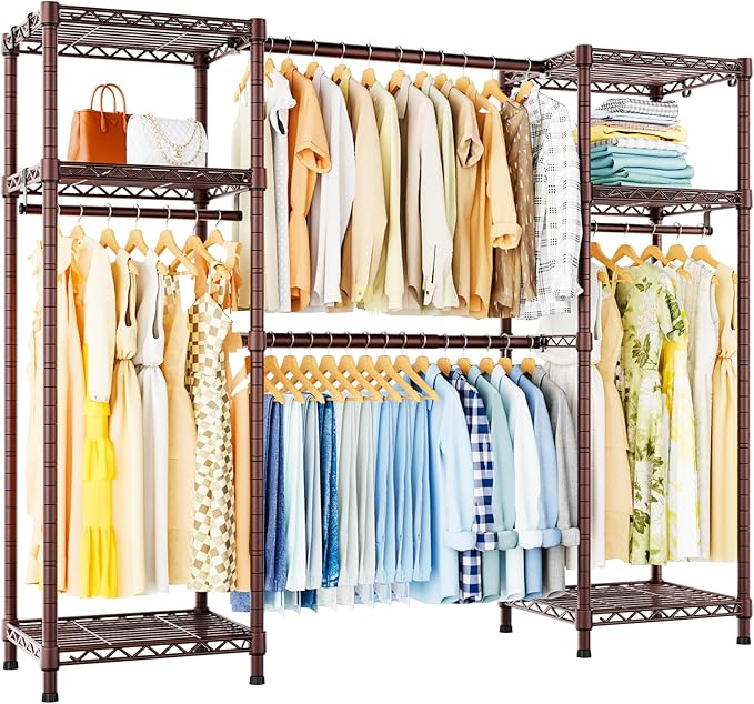 Ulif E7 Heavy Duty Closet Garment Rack, Clothes Storage Organizer System | Metal Freestanding Clothing Racks with 2 Extendable Rods and 6 Shelves, Portable Wardrobe Closets for Holding 838lbs, Bronze