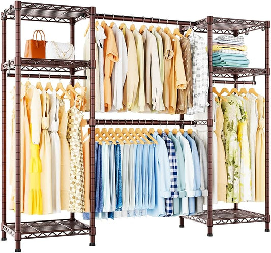 Ulif E7 Heavy Duty Closet Garment Rack, Clothes Storage Organizer System | Metal Freestanding Clothing Racks with 2 Extendable Rods and 6 Shelves, Portable Wardrobe Closets for Holding 838lbs, Bronze