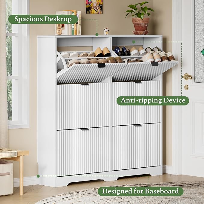 Xixini Shoe Storage Cabinet for Entryway with 6 Flip Drawers, Hidden Slim Wood Shoe Organizer with Modern Fluted Panel, Freestanding Narrow Shoe Rack for Front Door Entrance, Hallway, Foyer, White