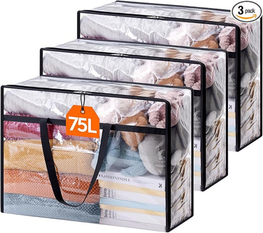 Lifewit 3 Pack Clear Clothes Storage Bags, 75L Plastic Blanket Storage Bag, Vinyl Foldable Moving Bags with Zipper, Closet Organizers and Storage Containers for Bedding, Duvet, Comforter