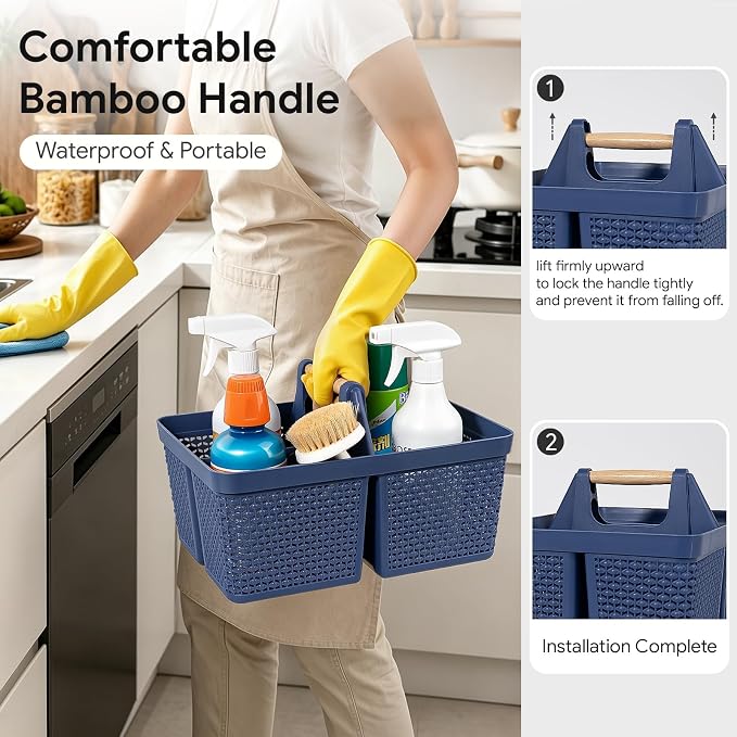 UUJOLY Portable Plastic Shower Caddy Basket with Wooden Handle, Dark Blue | Divided Storage Organizer Tote for Bathroom, Dorm, College, Kitchen & RV – Lightweight, Easy-Carry Essentials Caddy