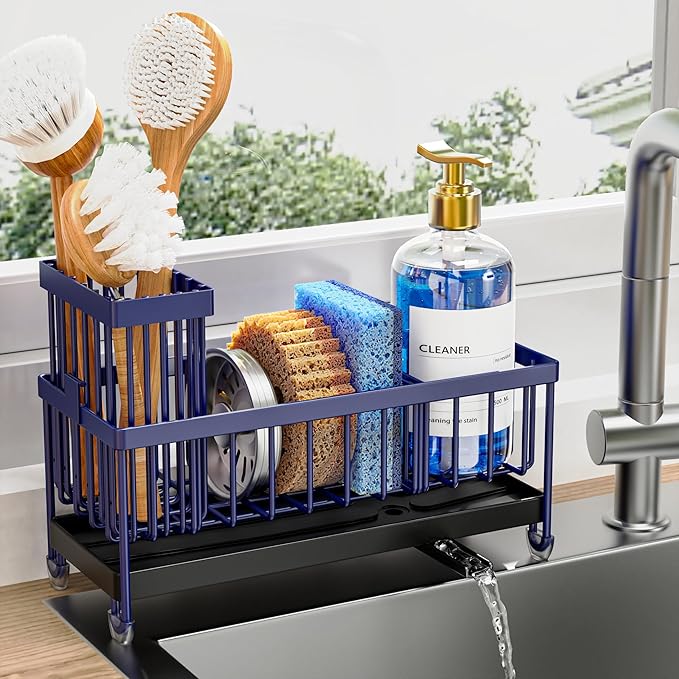 Cisily Sponge Holder for Kitchen Sink, Sink Caddy Organizer with High Brush Holder, Kitchen Countertop Organizers and Storage Essentials, Rustproof 304 Stainless Steel (Navy Blue, 9.25″)