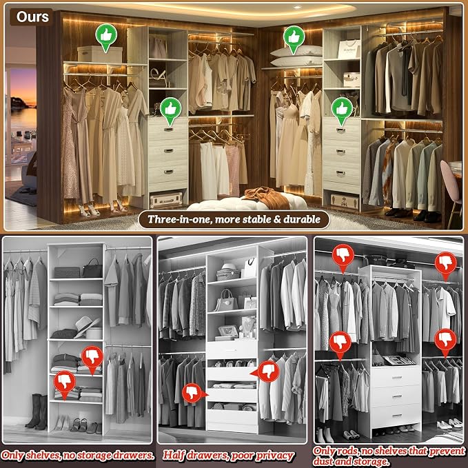 iSunirm 8FT Closet System, 96'' Closet Organizer System with 3 Hanging Rods, Wall Mount Bedroom Wardrobe with 3 Drawers Walk-in Closet, Adjustable Garment Rack from 5 to 8FT(Cut to Fit), White Oak