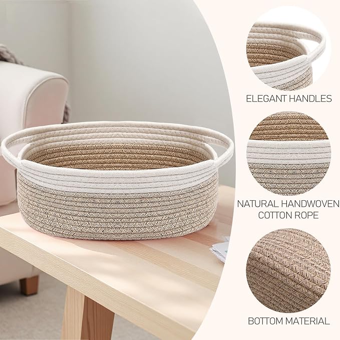 JMvicyroam Small Woven Basket, Empty Gift Basket, White&Oatmeal/1 Pack | Small Gift Basket, Cotton Rope, 12 x 8 x 72 in, Handles, Includes Ribbon and Bag, Birthday Gift Basket